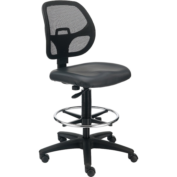 Armless Mesh Drafting Stool, Vinyl, Black, Mid Back